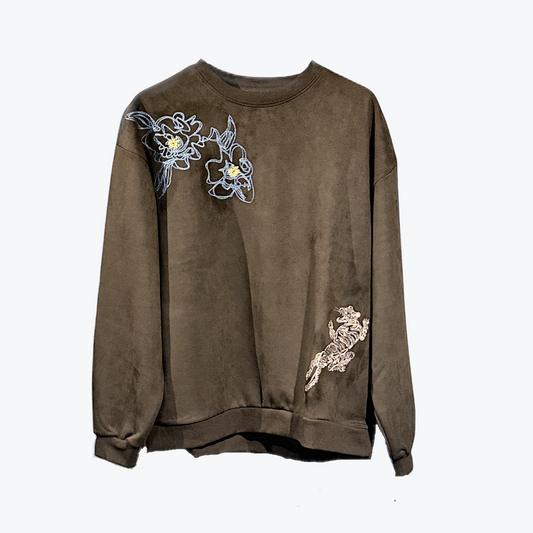 ATELANE フェイクウェードトラ&フラワー刺繍クルーネック