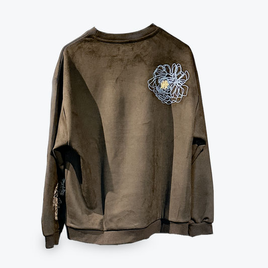 ATELANE フェイクウェードトラ&フラワー刺繍クルーネック