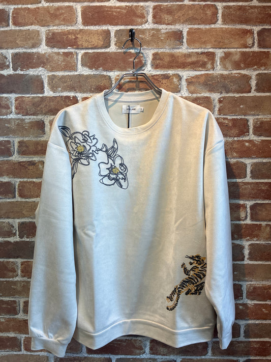 ATELANE フェイクウェードトラ&フラワー刺繍クルーネック