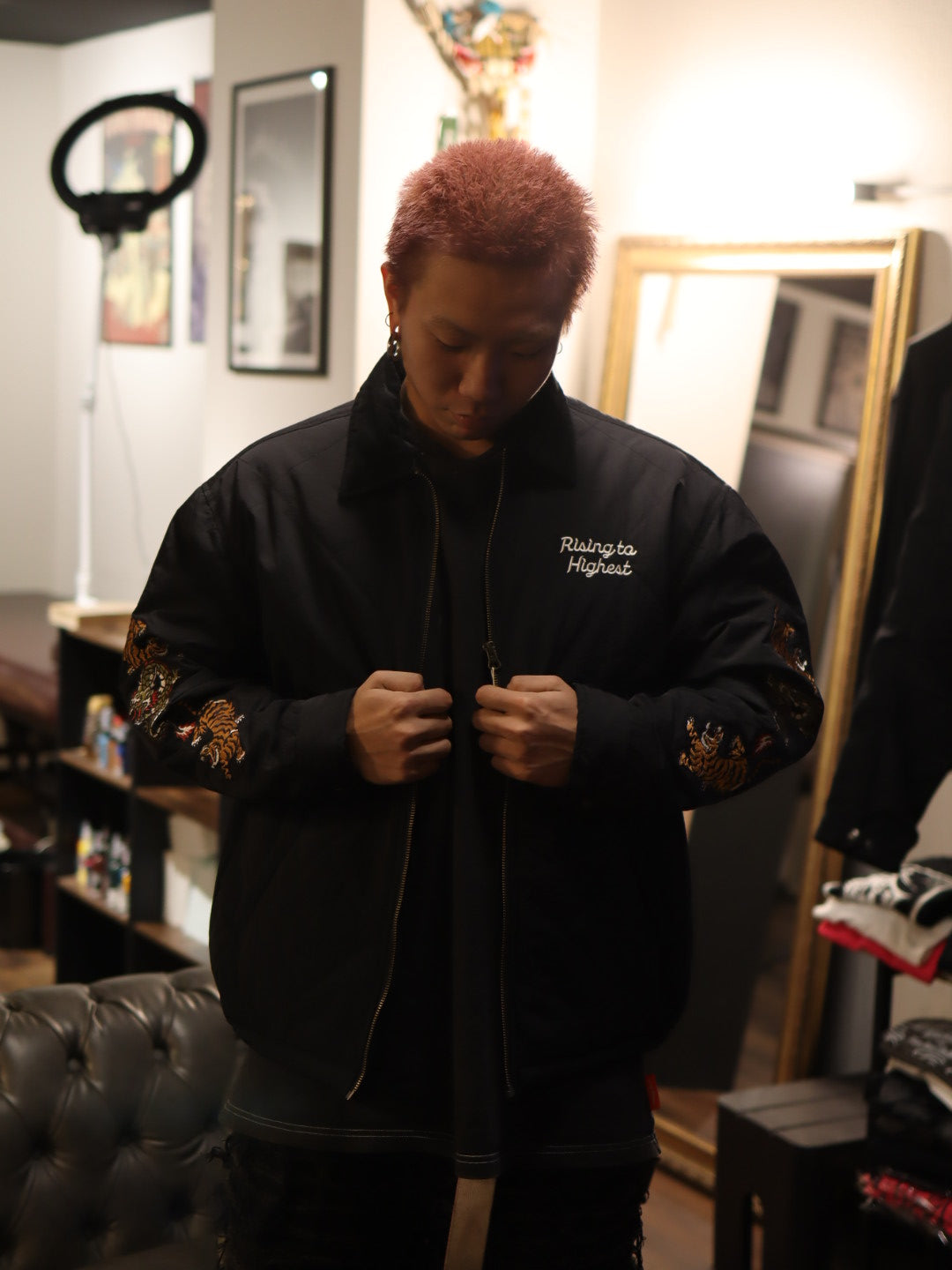 POWER TO THE PEOPLE　虎龍刺繍キルティングジャケット　ブラック