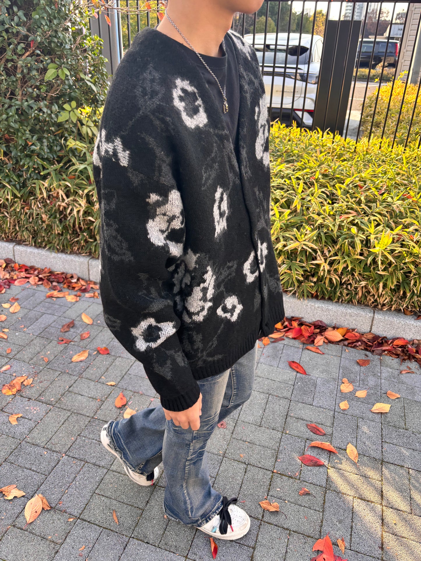 Many men many minds　モヘアタッチ総柄ニットカーディガン